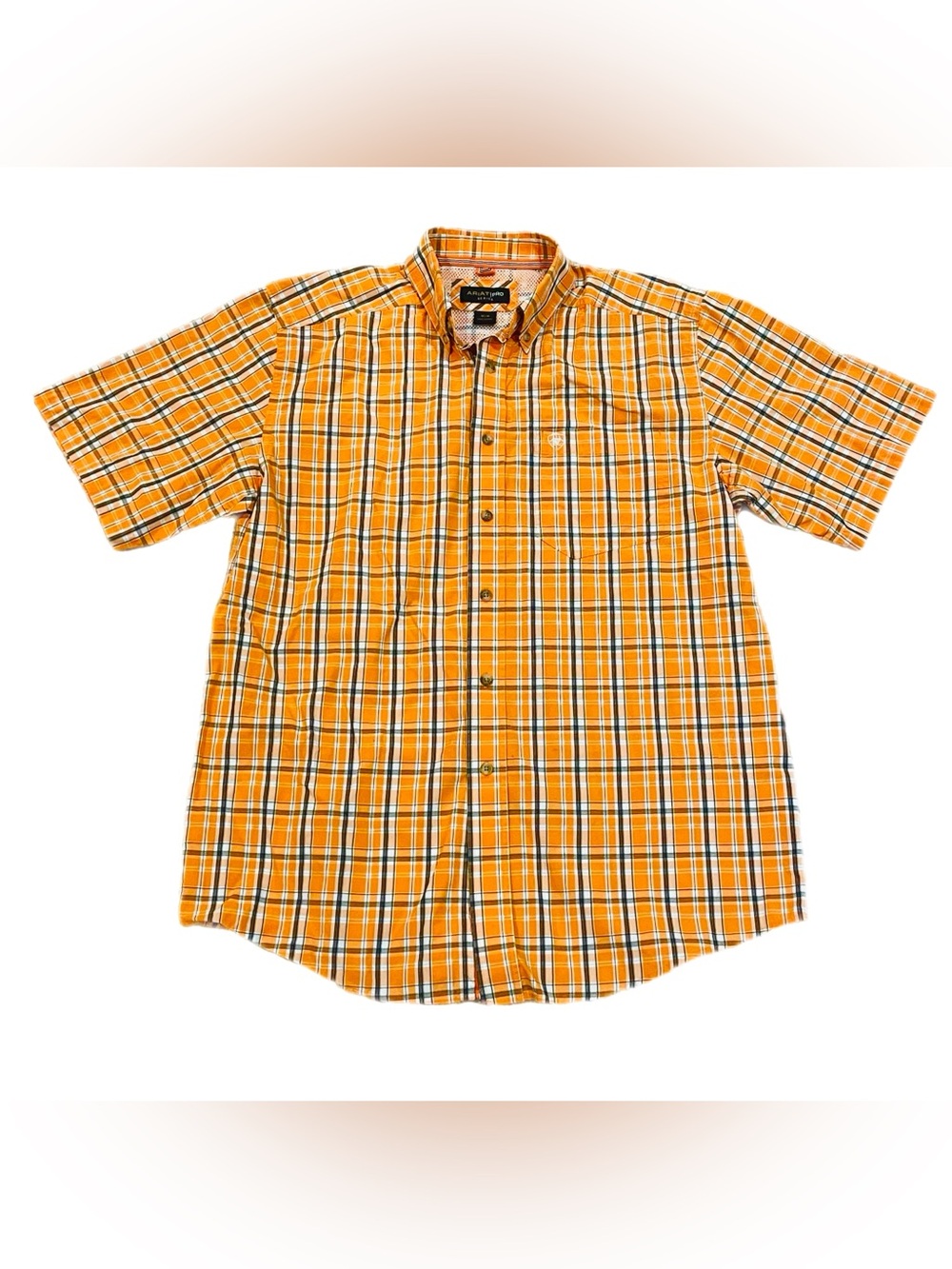 Ariat Pro Series Button Down Shirt Mens Orange Plaid Short Sleeve Western Work M